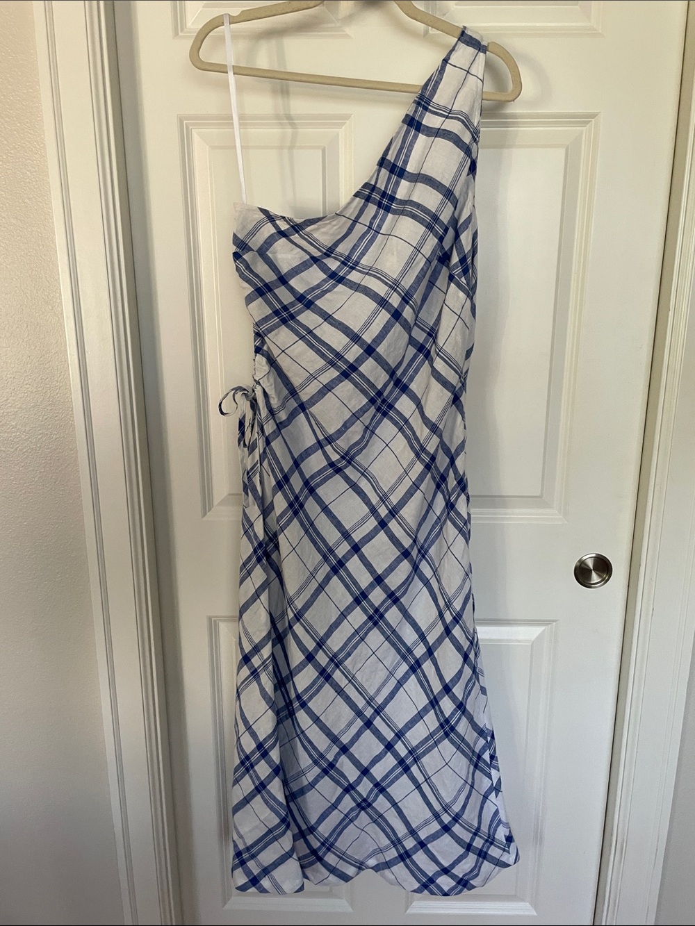 Madewell Ruched One-Shoulder Midi Dress Size 12 Blue White Plaid Linen - Picture 5 of 12